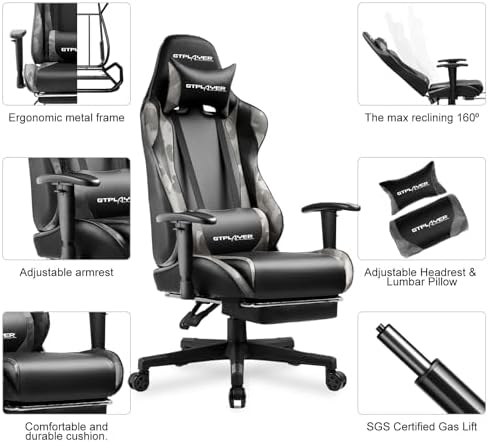 GTPLAYER Gaming Chair with Footrest, Ergonomic Computer Game Desk Chair, Reclining Gaming Chair Seat Height Adjustment, Swivel Rocker with Headrest and Lumbar (Camouflage) - Image 6