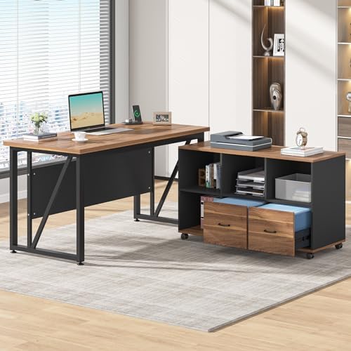 Tribesigns 55-Inch Executive Computer Desk with 43-Inch Lateral File Cabinet, Large Workstation Business Furniture, L Shaped Desk with Drawers and Storage Shelves for Home Office, Walnut - Image 7
