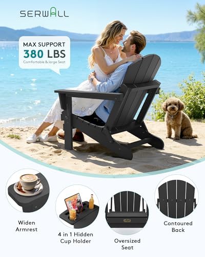 SERWALL Folding Adirondack Chair with Cup Holder, Outdoor Patio Chair, Black, Set of 4 - Image 7