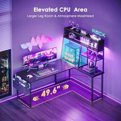 AODK 51 Inch L Shaped Gaming Desk with Display Shelves, LED Lights, Black - Image 6