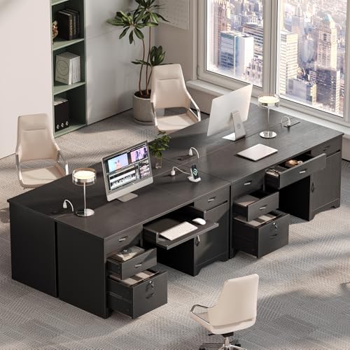 Bestier 59” Office Desk with Lockable Drawers & Charging Station, Black - Image 6