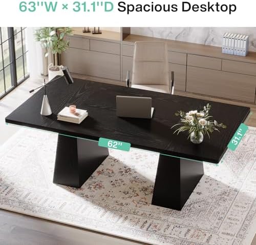 Tribesigns 63-Inch Executive Desk, Large Office Computer Desk with Double Pedestal, Modern Simple Workstations Writing Table Conference Table Business Furniture for Home Office, Black - Image 6