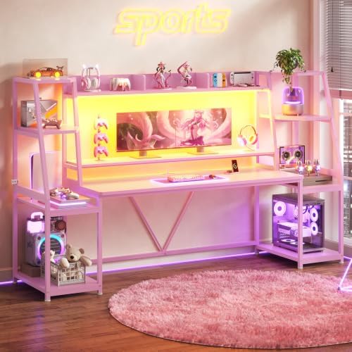 SEDETA 79'' Gaming Desk with LED Lights, Hutch and Storage Shelves, Pink - Image 7