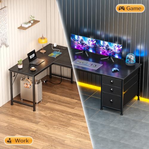 Furologee 55" L Shaped Desk with Power Outlets & USB-C Port, Reversible Corner Computer Desk with File Drawers, Work Study Gaming Table for Home Office, Dorm, Black - Image 6