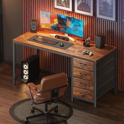 PRAISUN 47.2 Inch Computer Office Desk with Power Outelts and USB-C Port, Reversible Gaming Desk with 4 Fabric Drawers, Work Study Desk Work from Home, Rustic Brown - Image 7