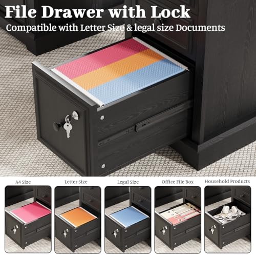 Vipbear 59" Farmhouse Executive Desk with Drawers, Wood Home Office Computer Desk, Featuring Lockable File Drawer, Storage Cabinet & Power Outlet Storage Cabinet for Work Study Writing (Black) - Image 6