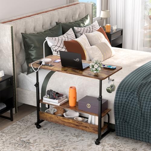 Besiost 32" Height Adjustable Standing Desk with Power Outlets - Manual Rolling Stand Up Desk with Wheels Small Portable Computer Desk Mobile Laptop Table with Storage Shelves for Home Office, Rustic - Image 7
