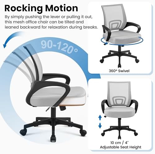 Yaheetech Mid Back Mesh Computer Office Desk Chair Adjustable Swivel, Grey - Image 6