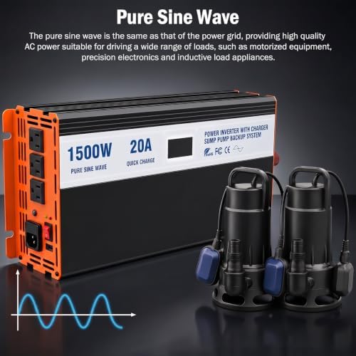 Sump Pump Battery Backup System, 1500W Pure Sine Wave Inverter with LCD Display, Auto Switches to Battery Power for Continuous Sump Pump Operation, for Basement Flood Protection&Power Outage Emergency - Image 7