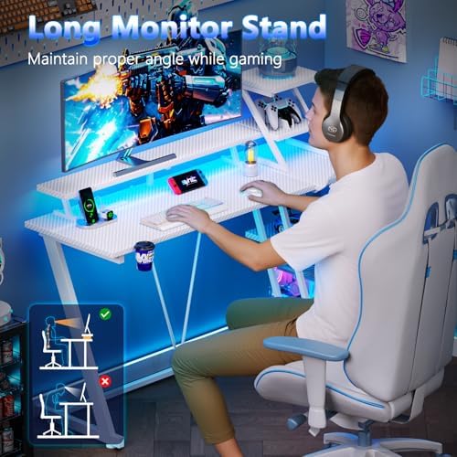 Korfile 40 Inch White Gaming Desk with LED Lights & Power Outlet, Small Gaming Computer Desk with Storage Shelves, L Shaped Gamer Workstations with Monitor Stand for Bedroom - Image 7