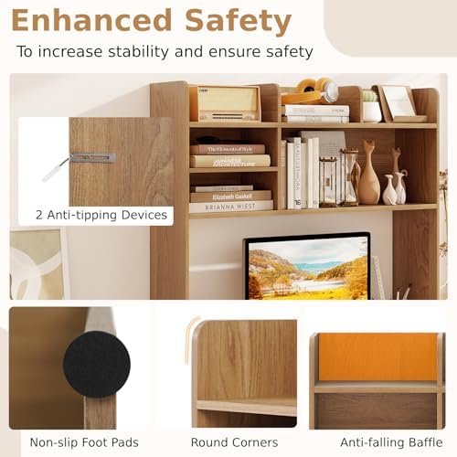BECOMFORT Desk Hutch, Desk Organizer Shelf w/ 6 Storage Compartments, up to 32” Monitor, Wooden Display Rack, Desktop Bookshelf for Vanity Dressing Tabletop College Dorm Home & Office - Image 7