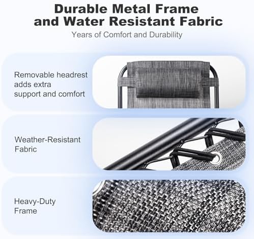 Nazhura Set of 2 Relaxing Recliners Patio Chairs Adjustable Steel Mesh Zero Gravity Lounge Chair Beach Chairs with Pillow and Cup Holder(Grey) - Image 6