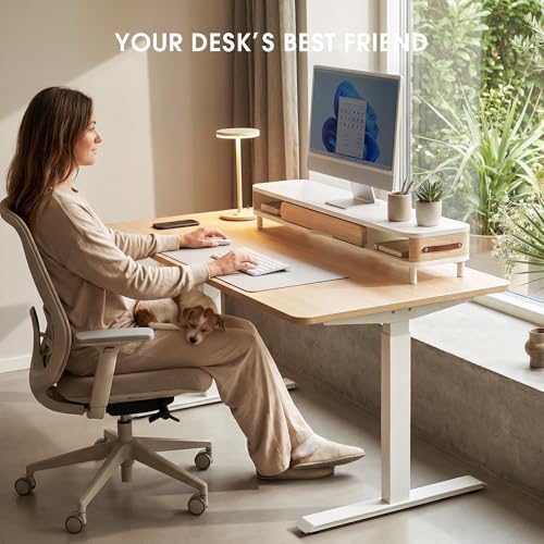 Fenge Dual Monitor Stand with Large Storage Drawer, 42.5" Desk Shelf, White - Image 6