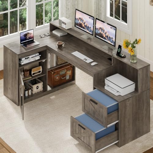 63" Farmhouse L Shaped Desk with Drawers and Printer Stand for Home Office - Image 7