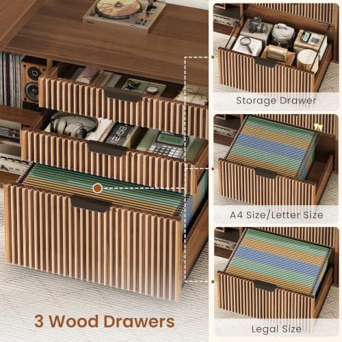 SEDETA 57" L Shaped Standing Desk with Storage, Electric Height Adjustable Curved Executive Desk, Fluted Desk with Drawers & Power Strip for Home Office, Brown - Image 6
