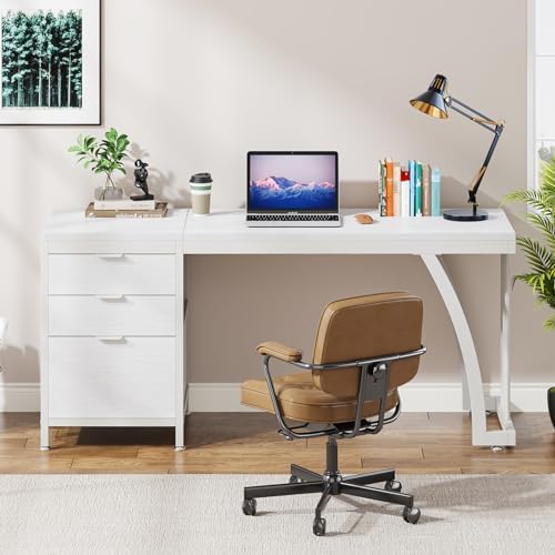Tribesigns Computer Desk with 3 Drawers, 59-Inch PC Desk with Reversible Drawers, Industrial Study Writing Table Workstation with File Storage for Home Office, White - Image 6