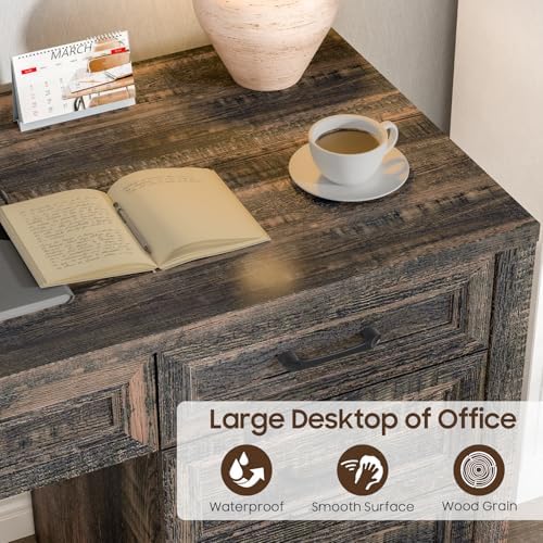 Vabches Farmhouse Executive Desk with Storage and Ample File Drawer, Rustic Large Home Writing Desk for Bedroom, Dark Oak - Image 7