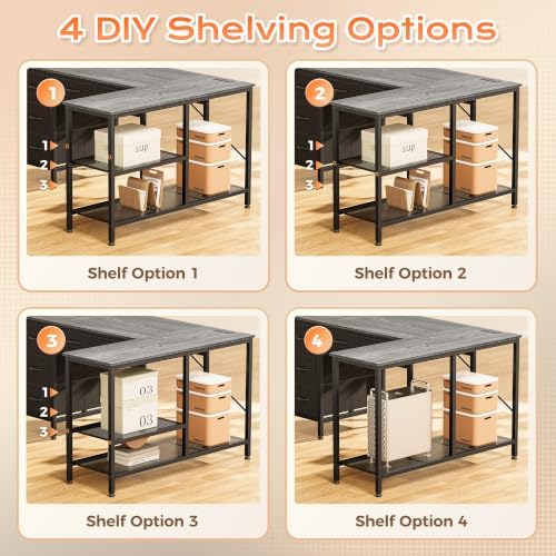 PRAISUN 55 Inch L Shaped Desk with Power Outlets, 5 Fabric Drawers - Image 7