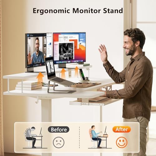 OffiGo 63 Inch U Shaped Electric Standing Desk with Keyboard Tray, White - Image 6