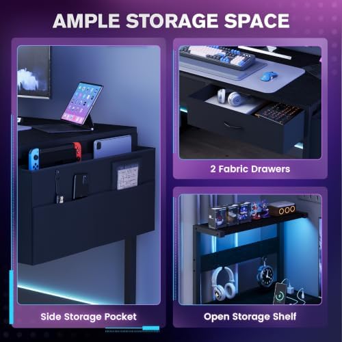 48 Inch Small Gaming Desk with Drawers & Led Lights & Storage Bag, Black - Image 7