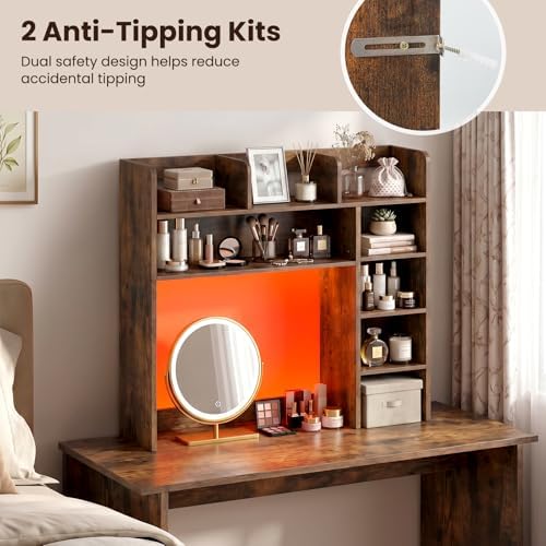 GIANTEX Desktop Bookshelf with LED Lights, 35.5" Desk Hutch Dorm for Up to 25 Inch Computer Monitors with Adjustable Storage Shelves, Wood Desk Organizer Shelves for Home Office (Rustic Brown) - Image 7