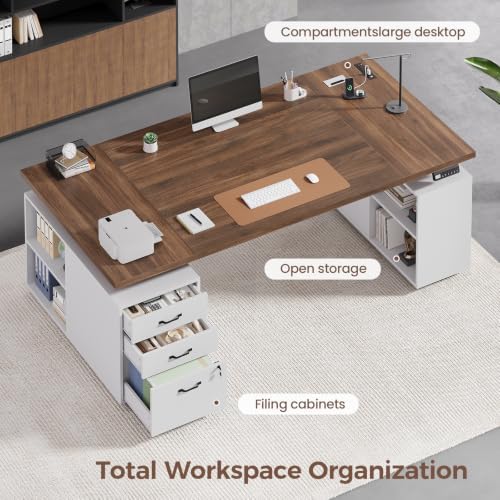 71" Electric Standing Desk with Drawers, Electric Height Adjustable Executive Desk with Lockable File Cabinet, Home Office Desk, Open Storage Compartments, Built-in Power Outlet, White - Image 7