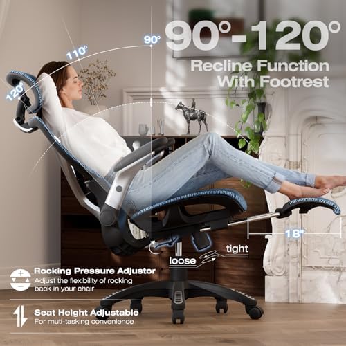 ELABEST X100 Ergonomic Mesh Office Chair with Footrest, Big and Tall Home Desk Chair with 5D Flip-Up Arms, Adjustable 3D Lumbar Support, Gaming & Executive Computer Chair (Oaxaca Blue) - Image 7