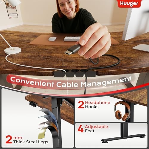 Huuger 47 X 24 Inch Electric Standing Desk with Power Outlets and USB-C Port, Height Adjustable Desk, Sit Stand Desk for Home Office, Computer & Gaming Desk, Stable Steel Frame, Rustic Brown - Image 6