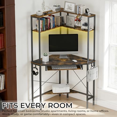 Corner Desk with Hutch and LED Light, Keyboard Tray, Rustic Brown - Image 6