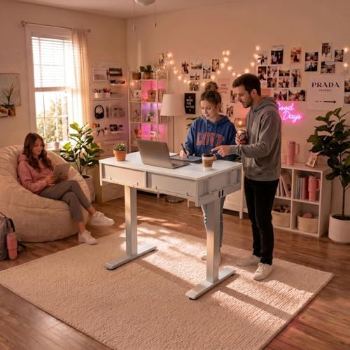 White Electric Standing Desk with Drawers, 32 Inch Small Adjustable Desk with Storage, Stand Up Computer Study Writing Desks for Small Space Home Office Bedroom, Sit Stand Work Desks for Walking Pad - Image 7