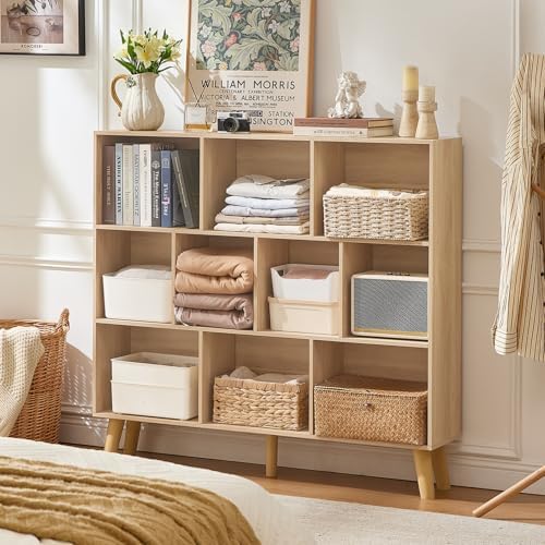 LEYAOYAO 10 Cube Bookshelf,Mid-Century Modern Bookcase with Legs,Light Wood - Image 7