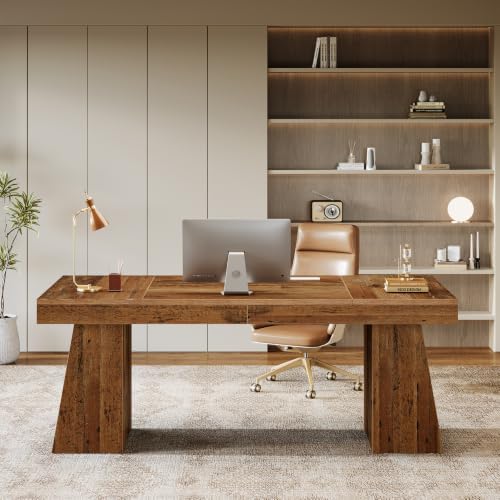 Tribesigns 55-Inch Executive Desk, Thick Wood Office Computer Desk with Double Pedestal, Modern Minimalist Workstations Writing Table Conference Table Furniture for Home Office, Walnut Finish - Image 6