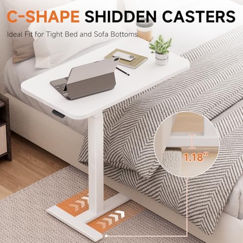 GTPLAYER Small Standing Desk with Hidden Wheels, Pneumatic Mobile Rolling Laptop Desk, Adjustable Height Overbed Bedside Table Computer Workstation for Home Office (28" W x 16" D, Pure White) - Image 7