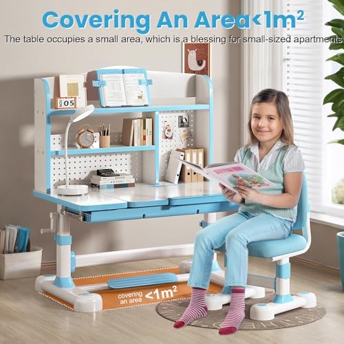 Kids Desk and Chair Set - Height Adjustable Crank Study Desk (Blue) - Image 6