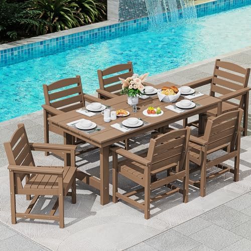 SERWALL 7 Pcs Outdoor Dining Set, 67" HDPE Dining Set for 6, Brown - Image 7