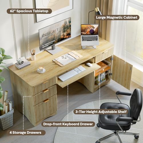 Bestier 63 Inch Home Office Desk with Drawers, Fluted Executive Desk with Ample File Drawer, Keyboard Tray & Storage Cabinet for Study, Living Room, Bedroom, Natural Oak - Image 6