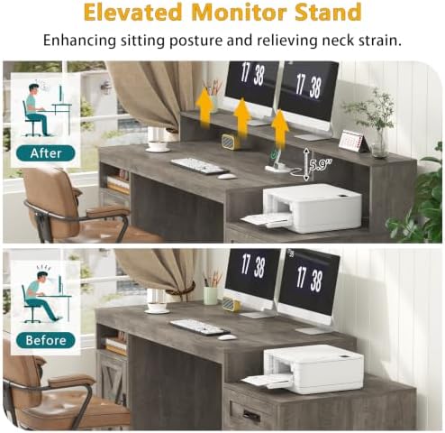 65" Farmhouse Computer Desk with Drawers and Printer Stand for Home Office - Image 7