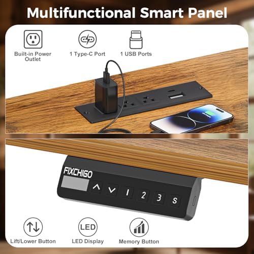 Electric Standing Desk with Drawers, 63 Inch Height Adjustable Desk with Power Outlets & LED Lights, Sit Stand Table with Monitor Stand for Home, Office, Brown - Image 7