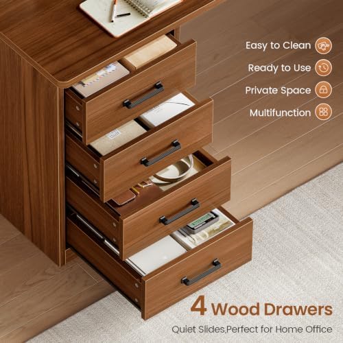 SEDETA 55” Farmhouse L Shaped Desk with 4 Drawers, Hutch, Corner Computer Desk with Storage Drawers, L Shaped Gaming Desk with LED Light and Power Outlet for Home Office, Brown - Image 6