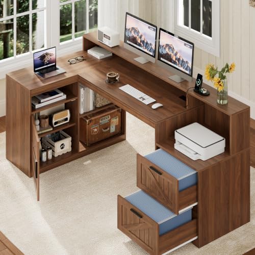 63" Farmhouse L Shaped Desk with Drawers and Printer Stand for Home Office - Image 7