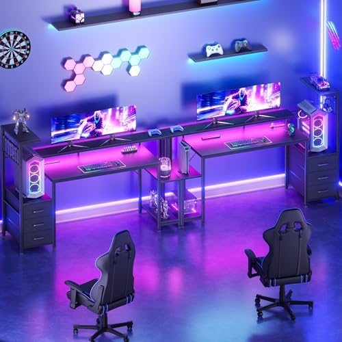 Korfile 55 Inch Gaming Desk with Bluetooth LED Lights & Power Outlets,Computer Desk with Fabric Drawers & Hooks,Reversible Gamer Table with Monitor Stand for Game Room,Home Office,Carbon Fiber Black - Image 6