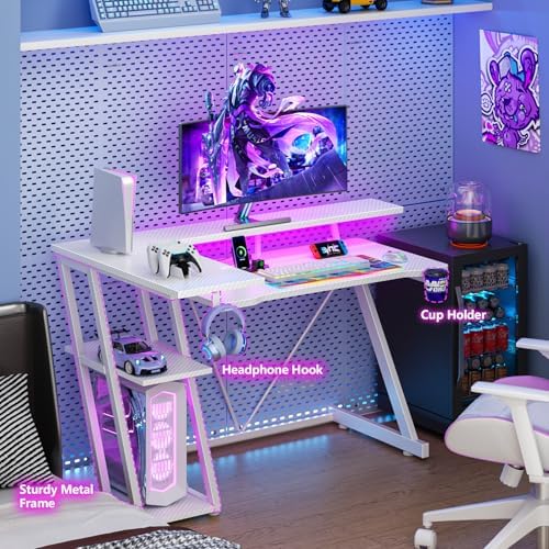 Korfile 40 Inch Gaming Desk with Power Outlet & LED Lights, L Shaped Computer Gaming Table with 3 Tiers Storage Shelves, Corner Gamer Desk with Monitor Stand for Small Space, Carbon Fiber White - Image 6