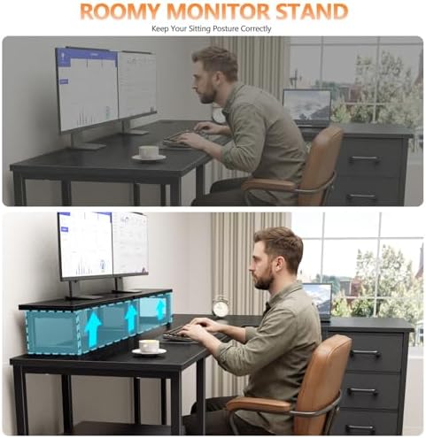 Korfile 59 inch L Shaped Computer Desk with Power Outlets, Black - Image 7