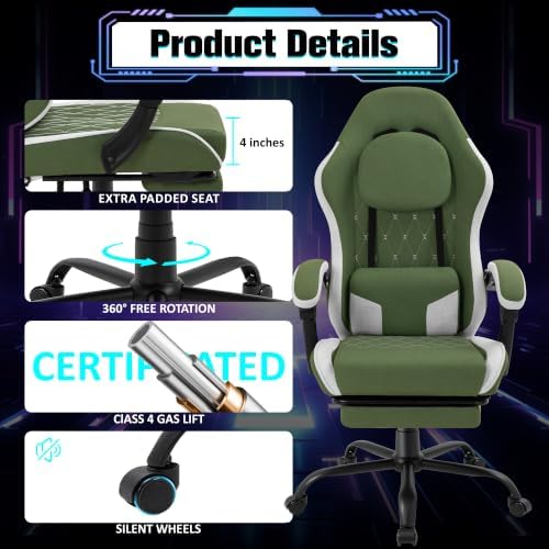 Gaming Chair with Footrest, Ergonomic Fabric Desk Chair, Dark Green - Image 6