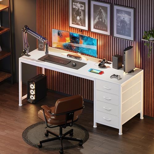 PRAISUN 55.1 Inch Computer Office Desk with Power Outelts and USB-C Port, Reversible Gaming Desk with 4 Fabric Drawers, Work Study Desk Work from Home, White - Image 7