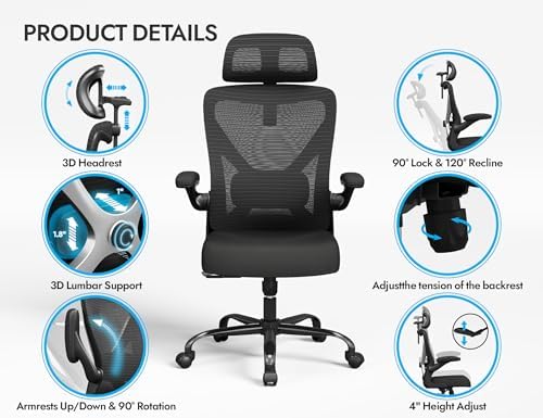 Black Ergonomic Office Chair: Mesh Desk Chair Comfy with Headrest& Lumbar - Image 7