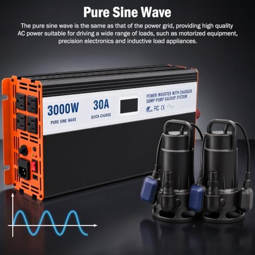 Sump Pump Battery Backup System, 3000W Pure Sine Wave Inverter with LCD Display, Auto Switches to Battery Power for Continuous Sump Pump Operation, for Basement Flood Protection&Power Outage Emergency - Image 7