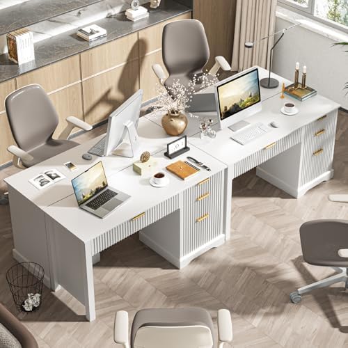 Vabches Fluted Executive Desk with Drawers, Wood Computer Desk with Ample File Drawer, Home Office Desk with Storage for Study, Bedroom, Living Room, White - Image 6