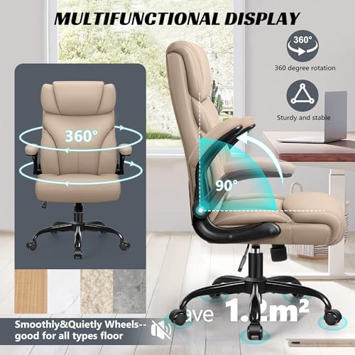 HeroSet Office Chair, Ergonomic Big and Tall Computer Desk Chairs, Executive Breathable Leather Chair with Adjustable Flip-up Armrests, Lumbar Support Swivel PC Chair with Rocking Function,Khaki - Image 6