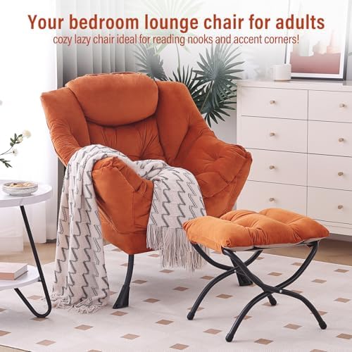 Furlide Lazy Chair with Ottoman, Velvet Reading Chair for Bedroom,Orange - Image 6